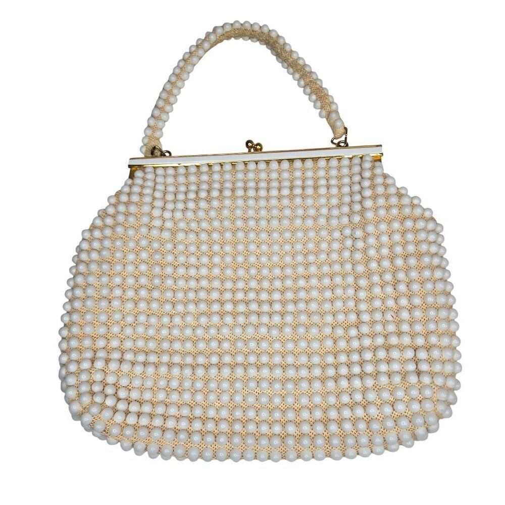 Vintage 60s White Beaded Handbag Purse Pocketbook Mod Gold-Tone Kiss Lock